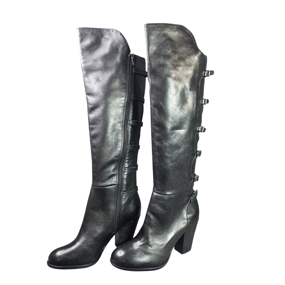 Gianni Bini Black Leather Over Knee Buckle Boots Sz 8.5M Thigh High